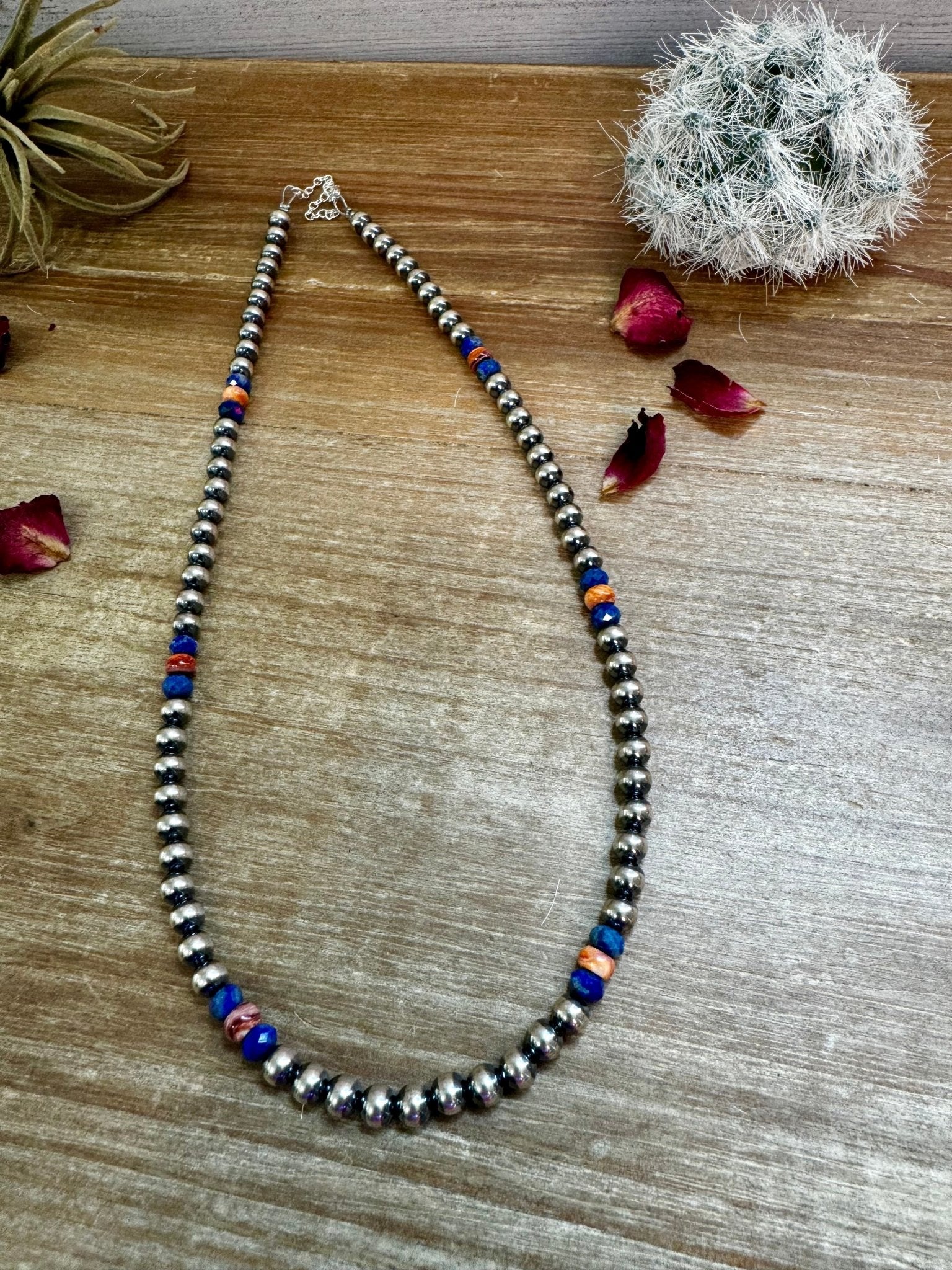 18 inch 6 mm Sterling Silver Pearls necklace lapis and spiny Made in USA - Cowtown Bling N Things