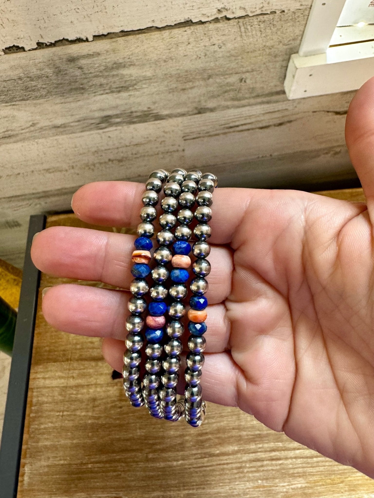 18 inch 6 mm Sterling Silver Pearls necklace lapis and spiny Made in USA - Cowtown Bling N Things