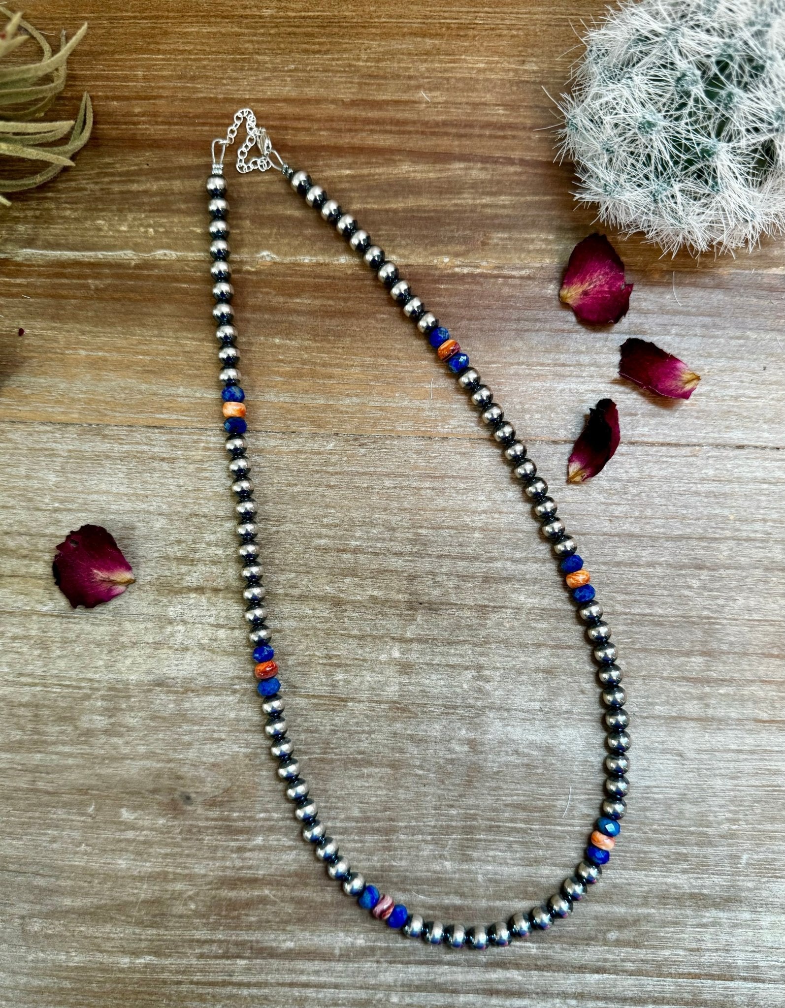 18 inch 6 mm Sterling Silver Pearls necklace lapis and spiny Made in USA - Cowtown Bling N Things