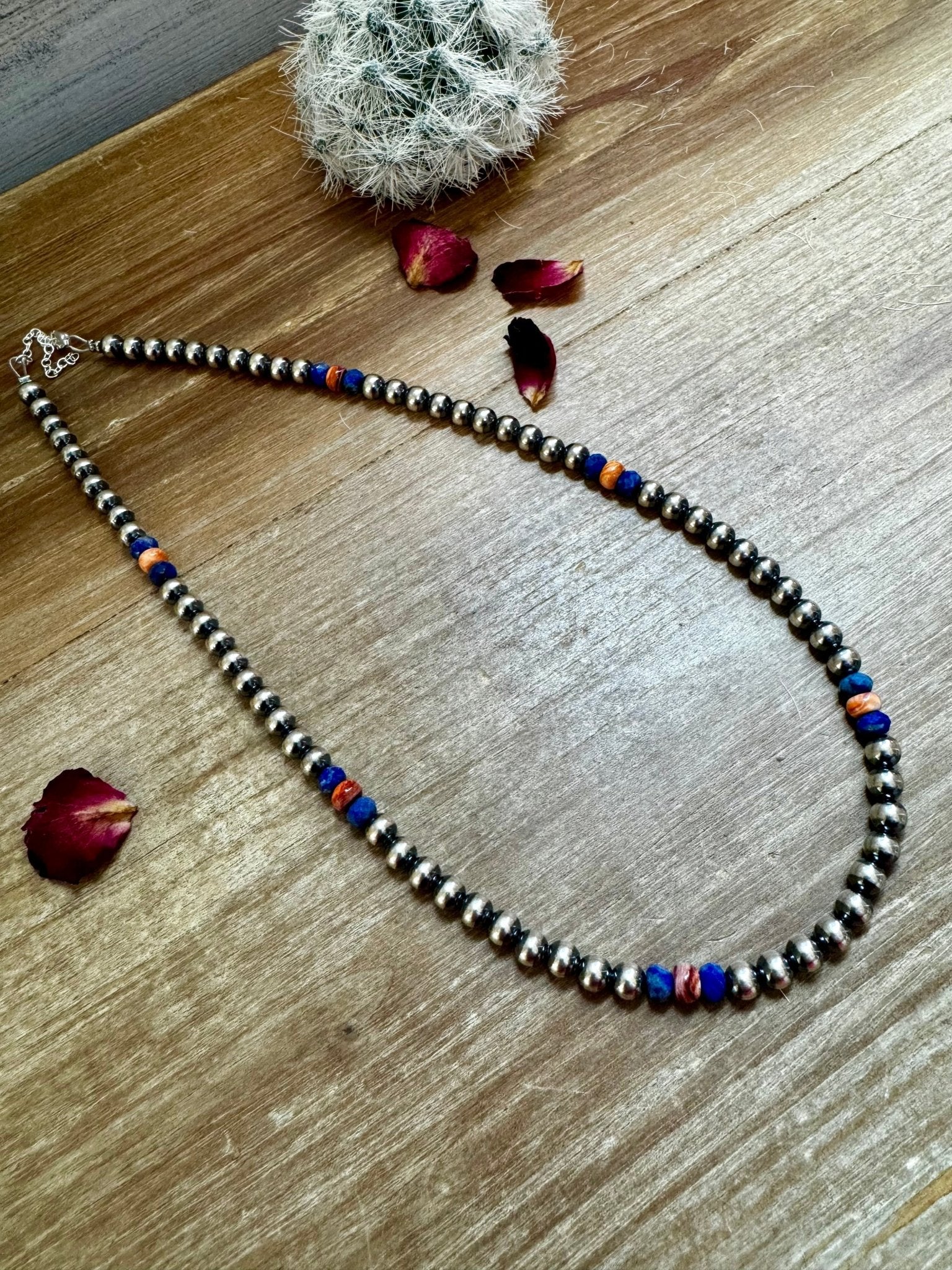 18 inch 6 mm Sterling Silver Pearls necklace lapis and spiny Made in USA - Cowtown Bling N Things