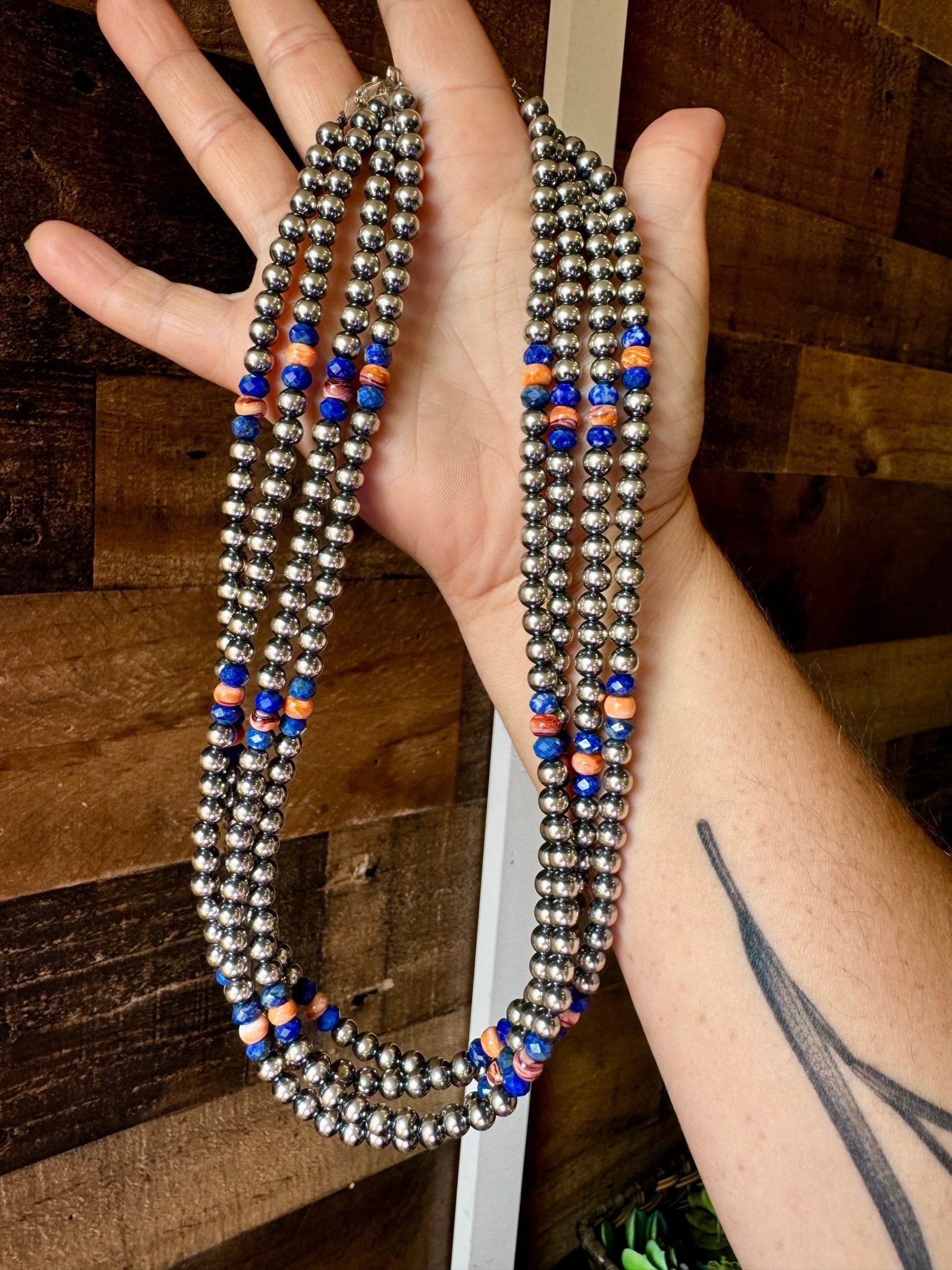 18 inch 6 mm Sterling Silver Pearls necklace lapis and spiny Made in USA - Cowtown Bling N Things
