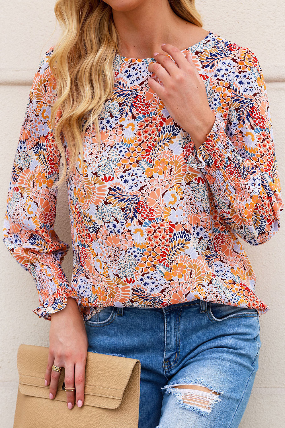 Multicolor Floral Print Smocked Cuffs Long Sleeve Blouse