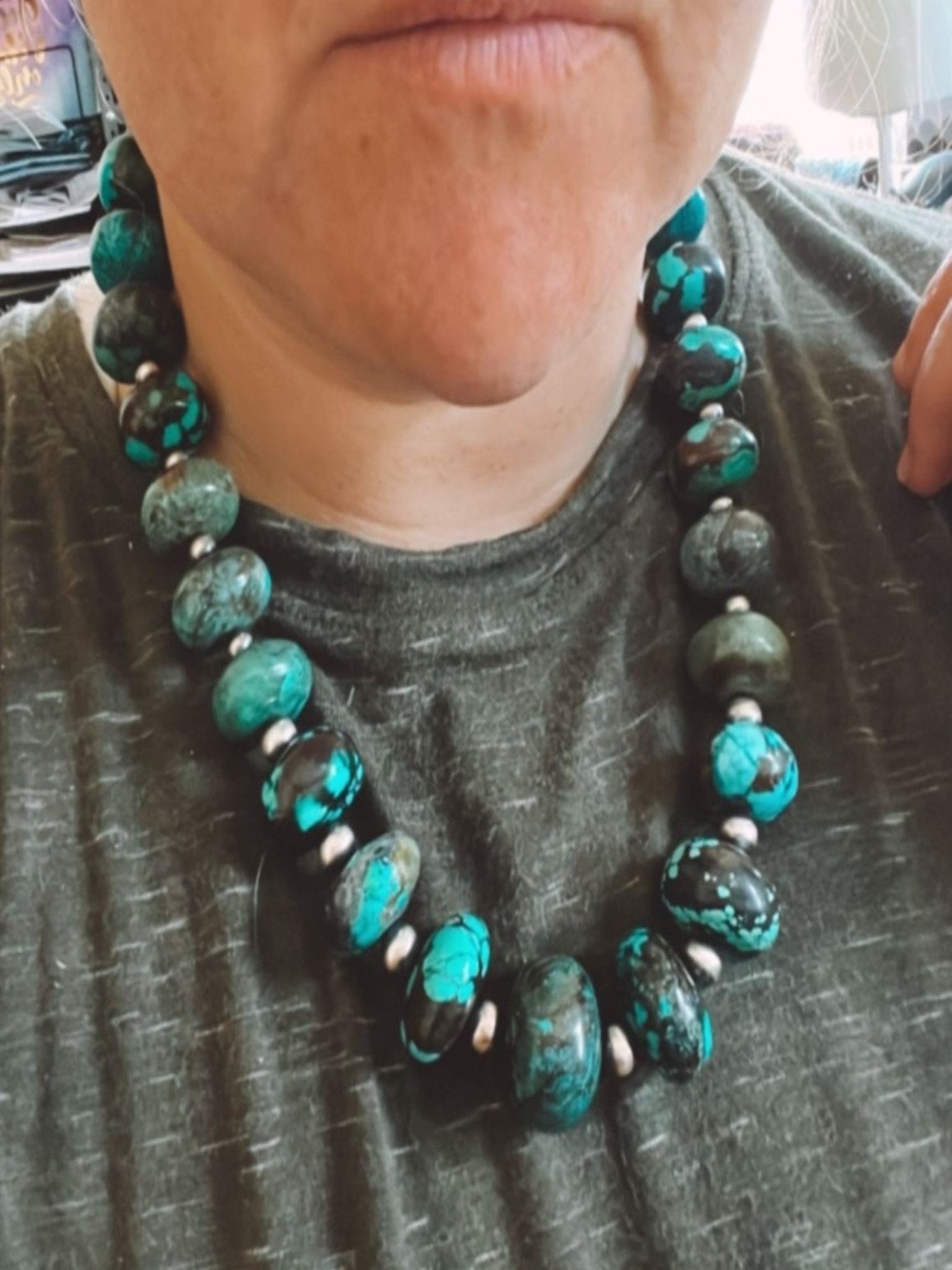 22 - inch large real turquoise rondelle with Sterling Silver Pearls Made in USA - Cowtown Bling N Things