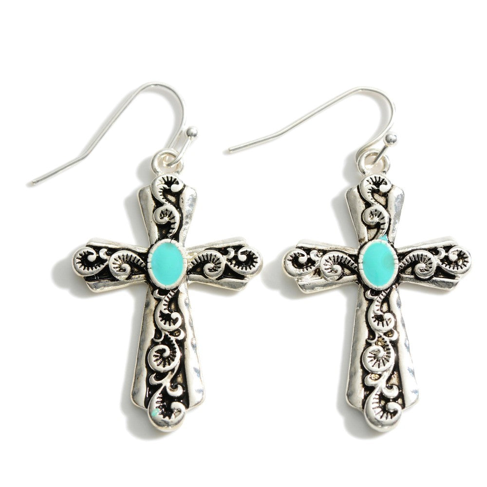 Silver Tone Cross Drop Earrings With Turquoise Accent - Cowtown Bling N Things
