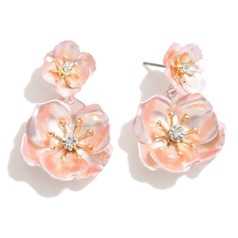 Flower Drop Earrings With Rhinestone Center  - Approximately 2" Length - Cowtown Bling N Things