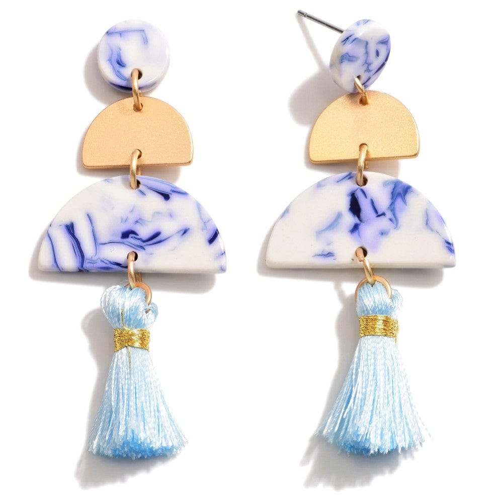 Linked Acetate and Gold Tone Half-Disk Drop Earrings Featuring Tassel Accents - Cowtown Bling N Things