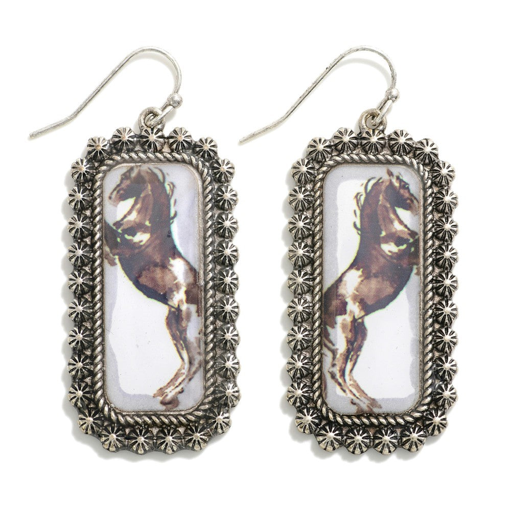 Square Western Drop Earrings With Resin Image Inlay - Cowtown Bling N Things