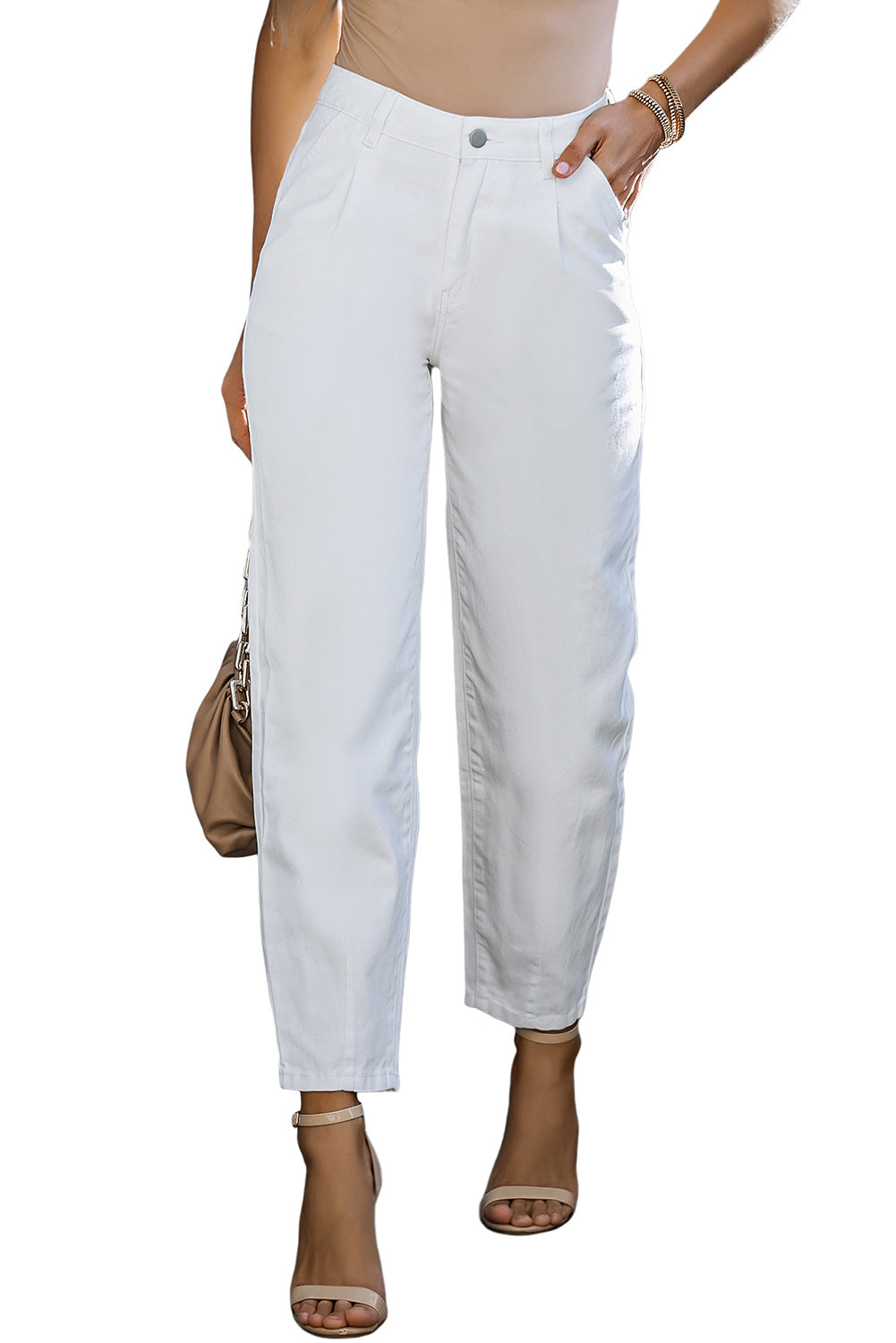 White Solid Casual High Waist Straight Leg Pants - Cowtown Bling N Things