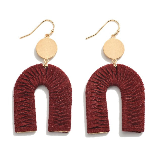 Gold Tone Leather Wrapped Arch Drop Earring - Cowtown Bling N Things