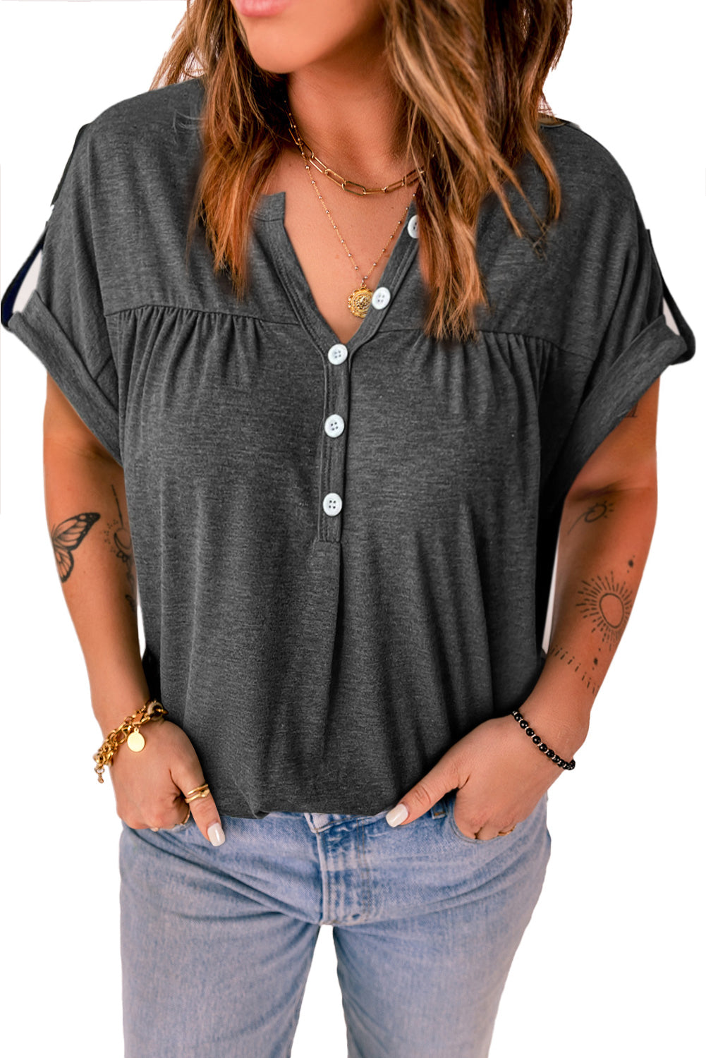 Gray Solid Button V Neck Short Sleeve Top - Cowtown Bling N Things