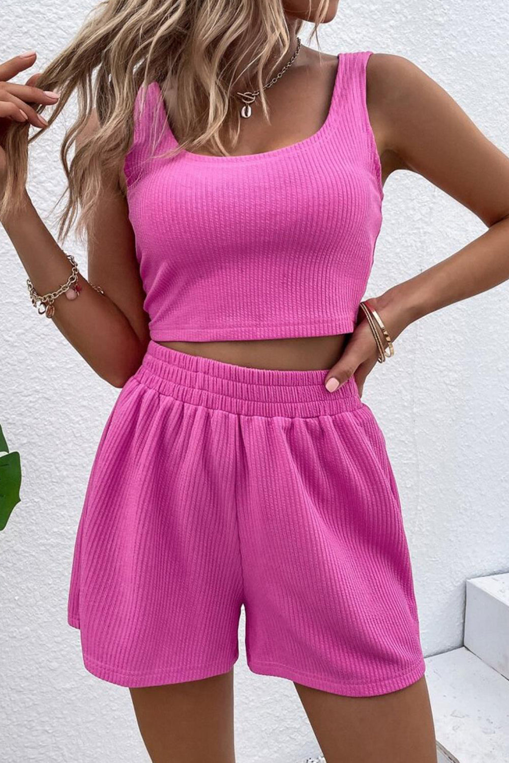 Rose Plain Sleeveless High Waisted Corduroy Two Piece Shorts Set - Cowtown Bling N Things