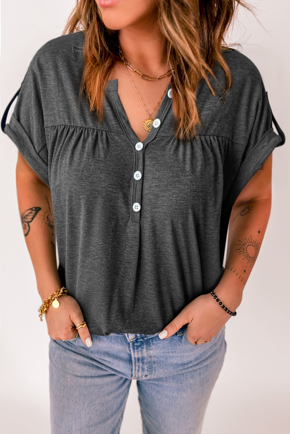 Gray Solid Button V Neck Short Sleeve Top - Cowtown Bling N Things