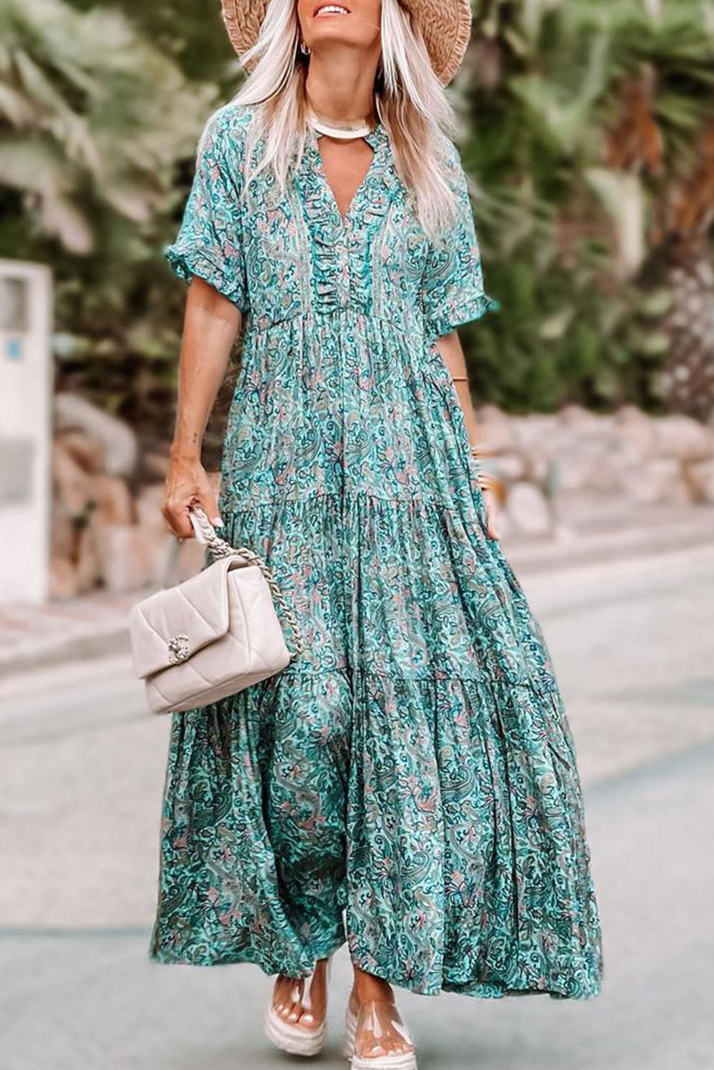 Sky Blue Paisley Print Split V Neck Tiered Boho Maxi Dress - Cowtown Bling N Things