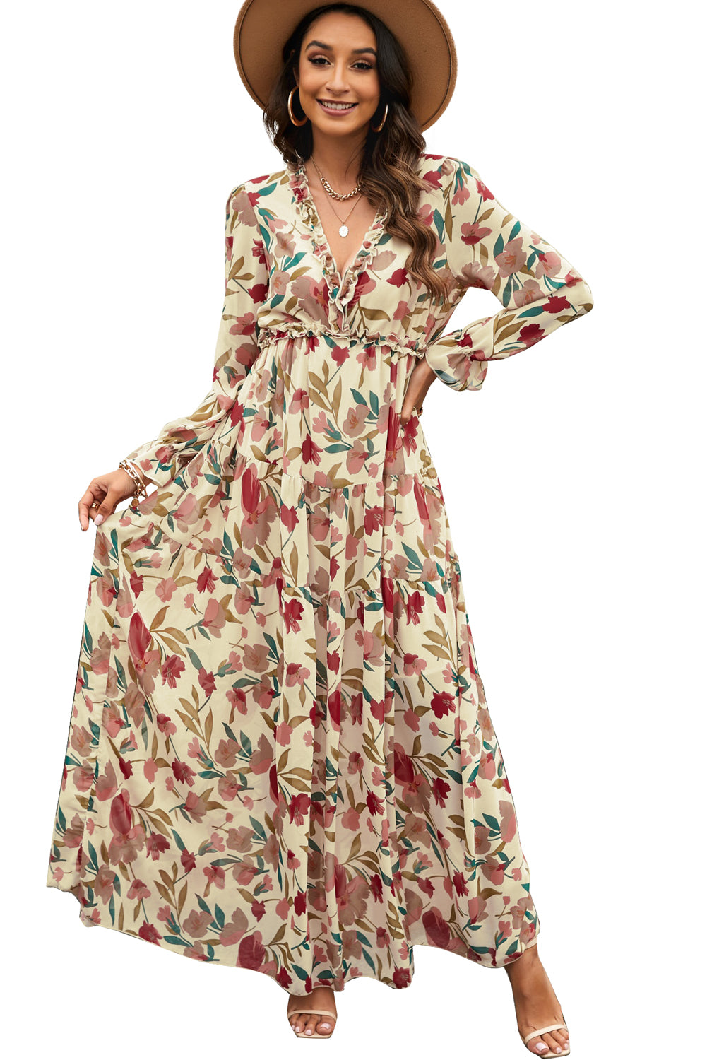 Pastel Red Floral Print Ruffle Trim Plunge Neckline Maxi Dress - Cowtown Bling N Things