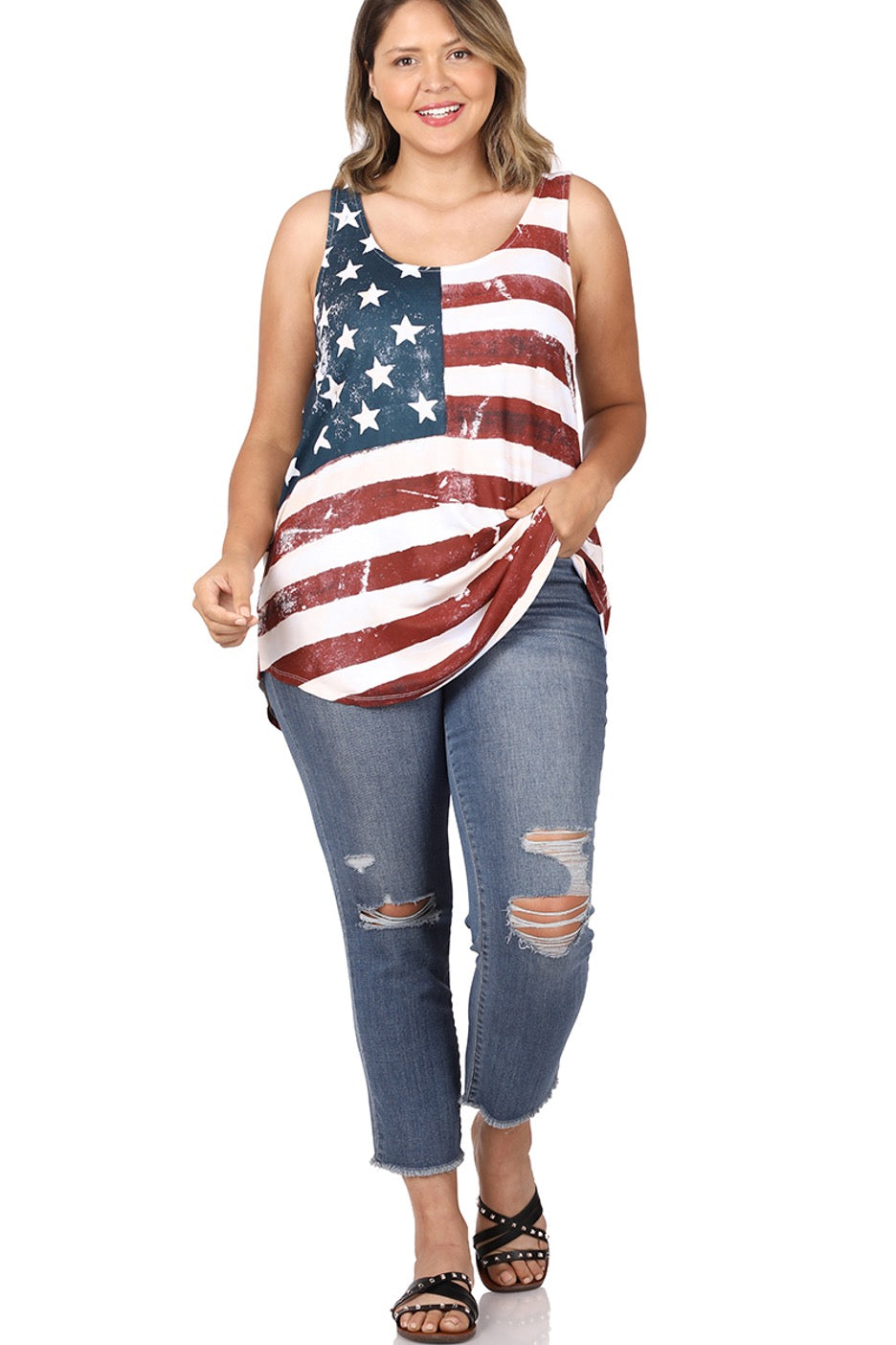 American Flag Print Sleeveless Top (Curvy) - Cowtown Bling N Things