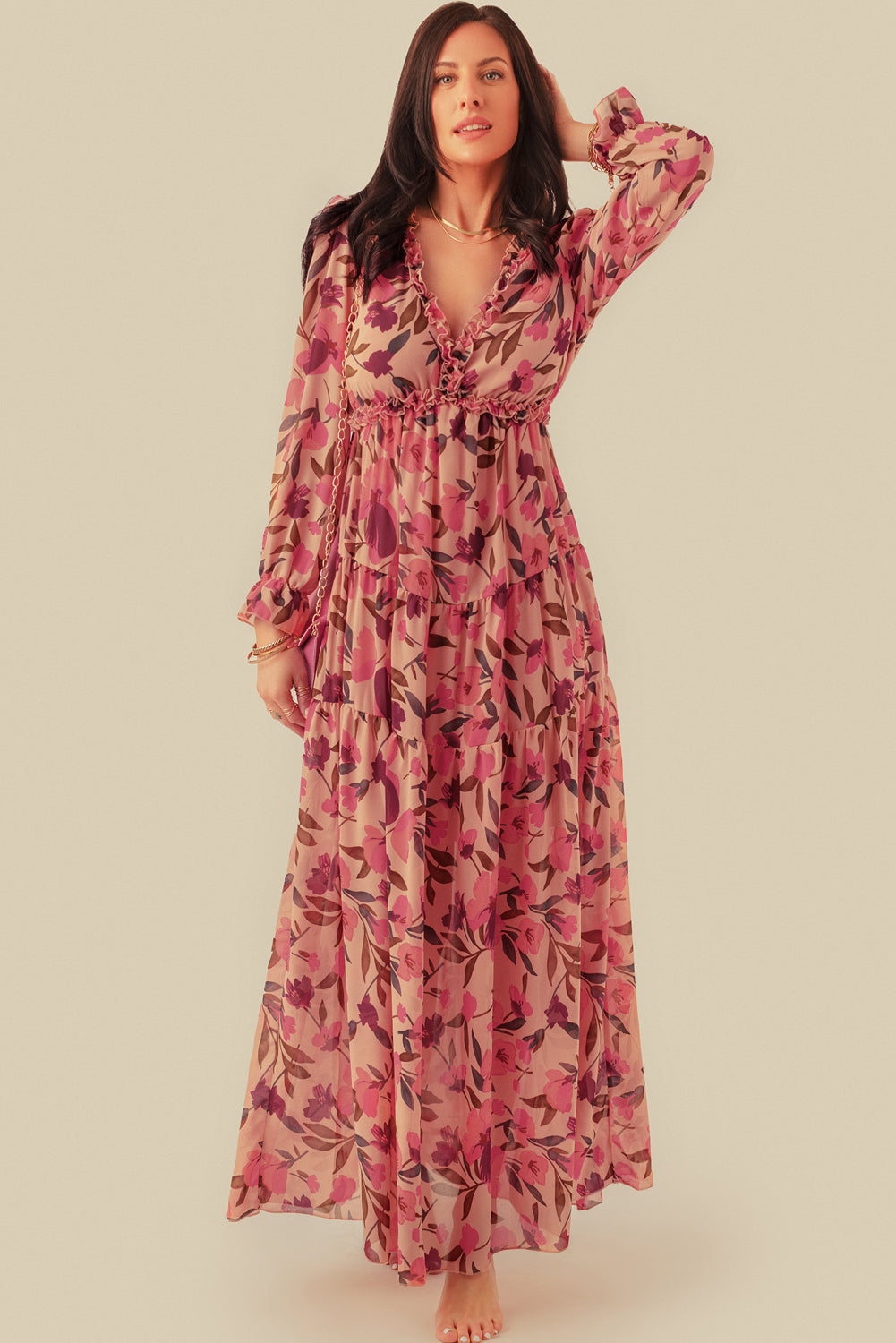 Pastel Red Floral Print Ruffle Trim Plunge Neckline Maxi Dress - Cowtown Bling N Things