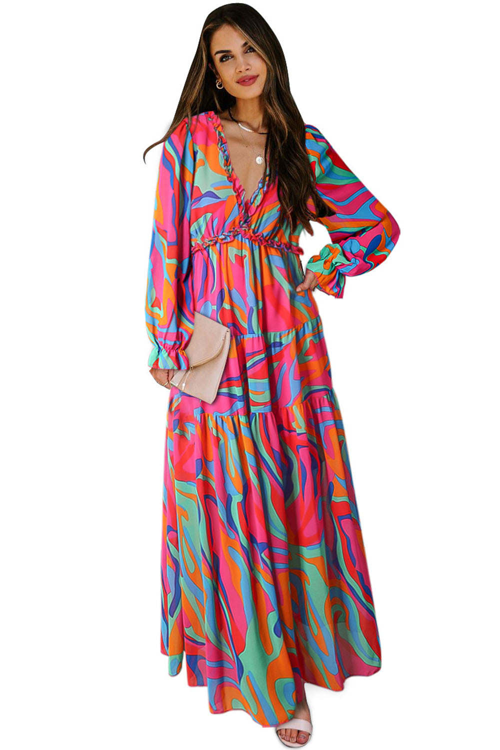 Pastel Red Floral Print Ruffle Trim Plunge Neckline Maxi Dress - Cowtown Bling N Things