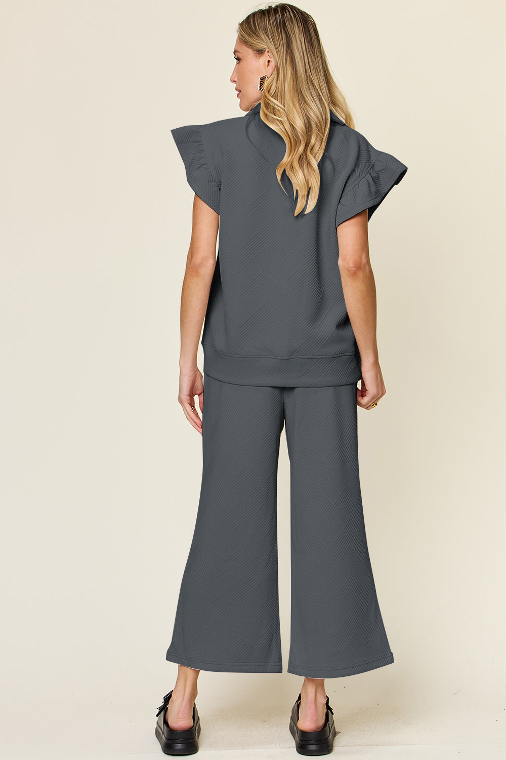 Double Take Texture Ruffle Short Sleeve Top and Drawstring Wide Leg Pants Set - Cowtown Bling N Things