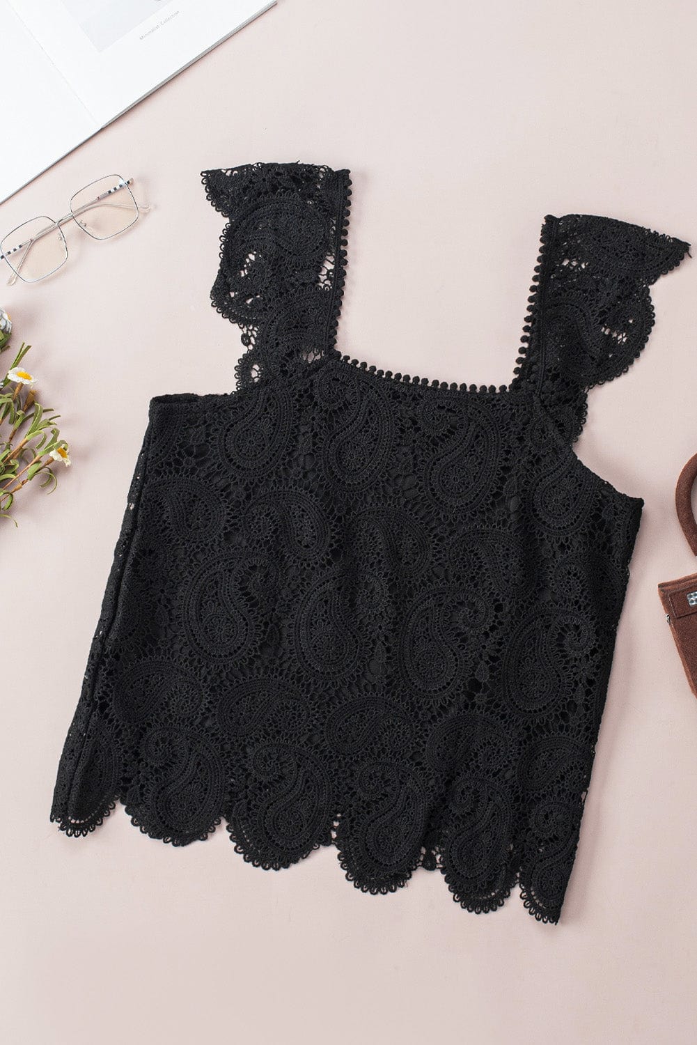 White Lace Crochet Ruffled Square Neck Tank Top - Cowtown Bling N Things