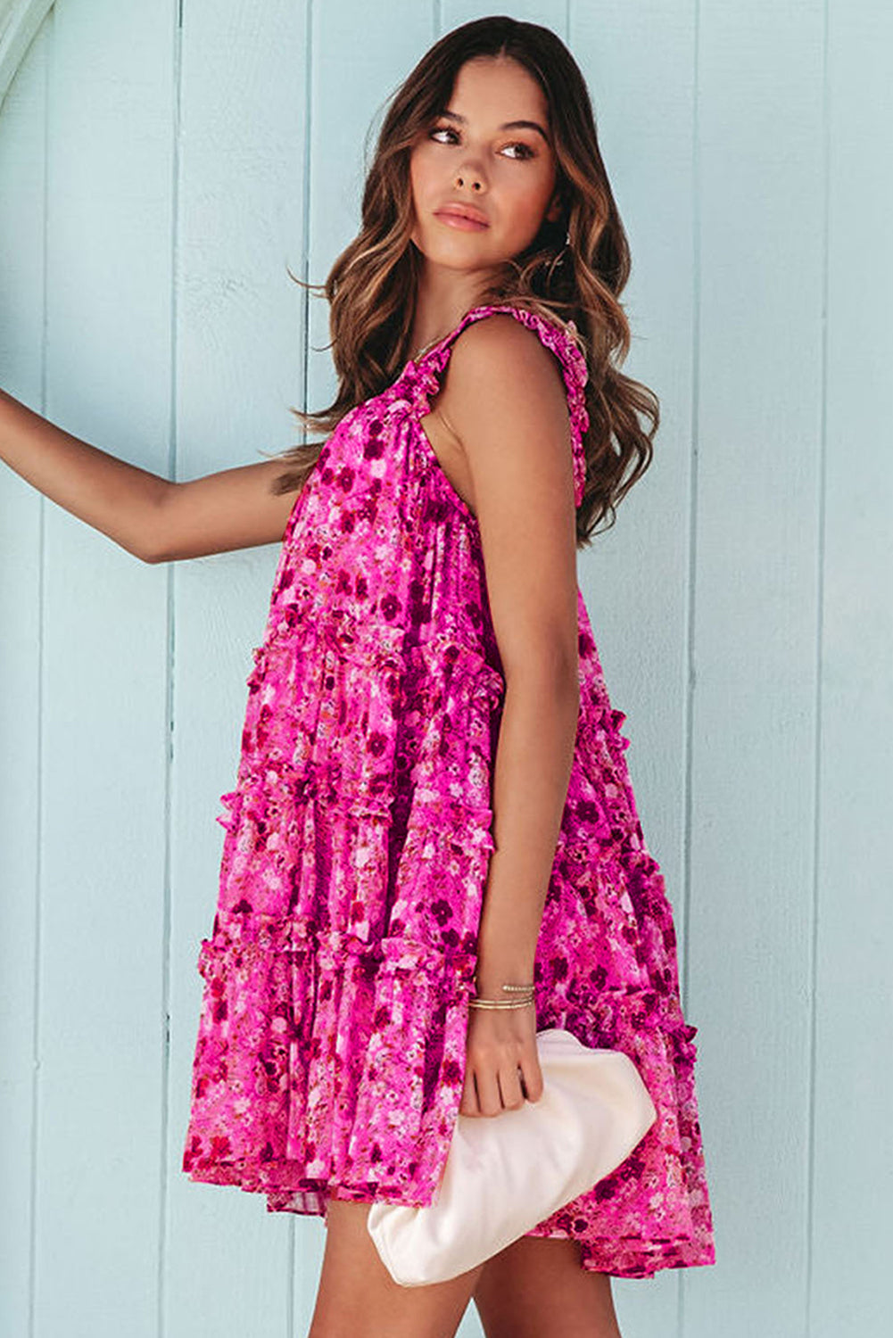 Red Tiered Ruffled Square Neck Sleeveless Floral Short Dress - Cowtown Bling N Things