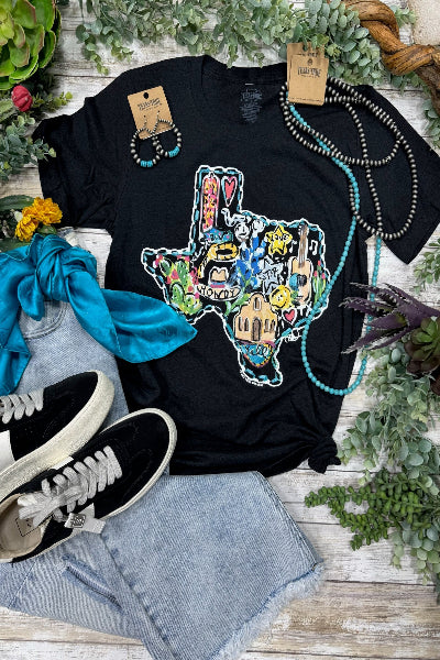 Callie Ann Stelter Texas Icons Tee – Hand-Painted Texas Pride flat lay