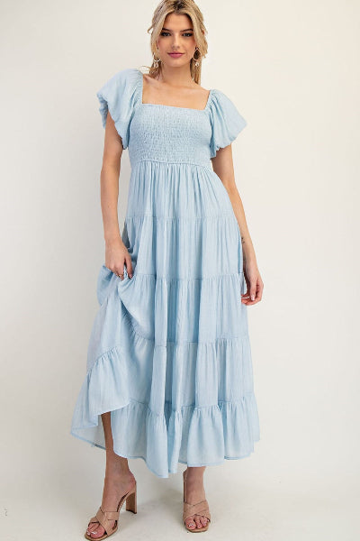 Ee:some | Puff Sleeve Tiered Maxi| Dress | Ice Blue | S-L