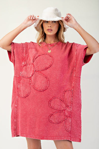 Easel | Daisy Patch Mineral Washed T-Shirt Dress| Boho Red | S-L