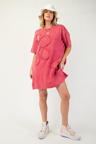 Easel | Daisy Patch Mineral Washed T-Shirt Dress| Boho Red | S-L