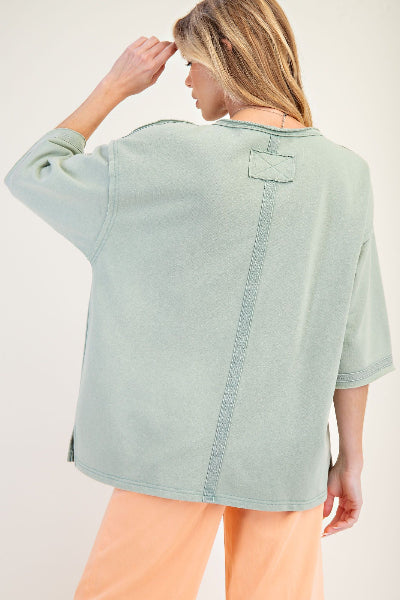 Easel |Flower Patch Mineral Washed Terry Knit Tunic|Sage | S-L