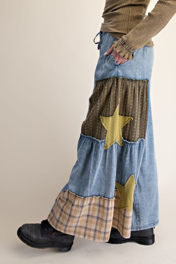 Easel Mineral washed denim pants with plaid flannel patch detail