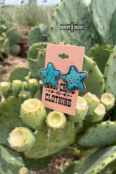 Blue star-shaped earrings on a card with 'Rowdy & Rodeo' branding, set against a cactus background.
