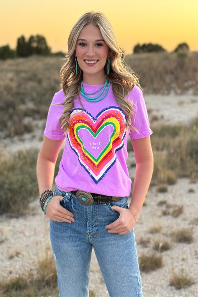 Texas True Threads | Rainbow Heart I Love You Tee | Neon Violet | S-3XL