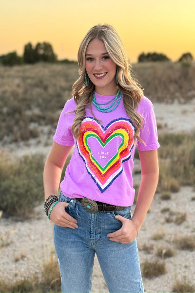 Texas True Threads | Rainbow Heart I Love You Tee | Neon Violet | S-3XL