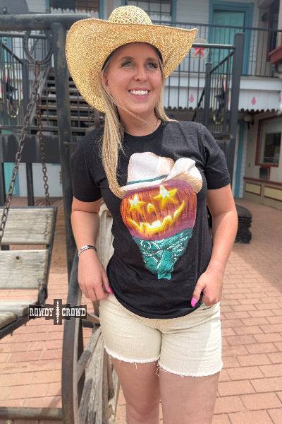 Woman leaning wearing Western Halloween tee with jack-o'-lantern in cowboy hat – Rowdy Crowd Clothing
