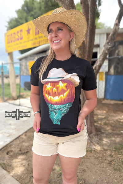 woman wearing Western Halloween tee with jack-o'-lantern in cowboy hat – Rowdy Crowd Clothing