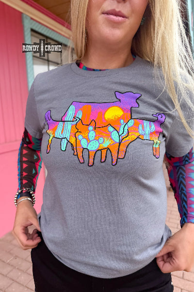 Person wearing a gray t-shirt with a colorful dog graphic design.
