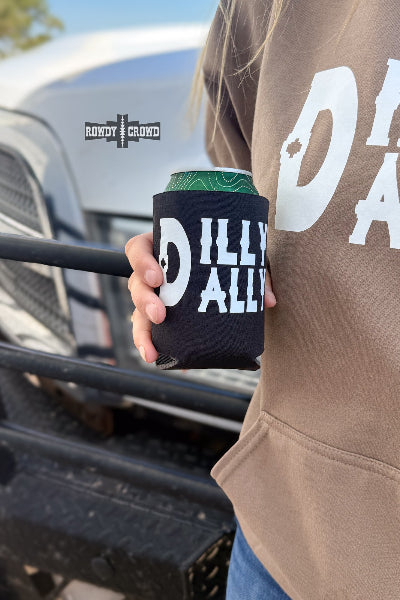 A person in a brown hoodie holds a black can cooler with white text reading 'DILLY ALLI' in front of a truck. A small 'BONDY CROWD' logo appears on the cooler.