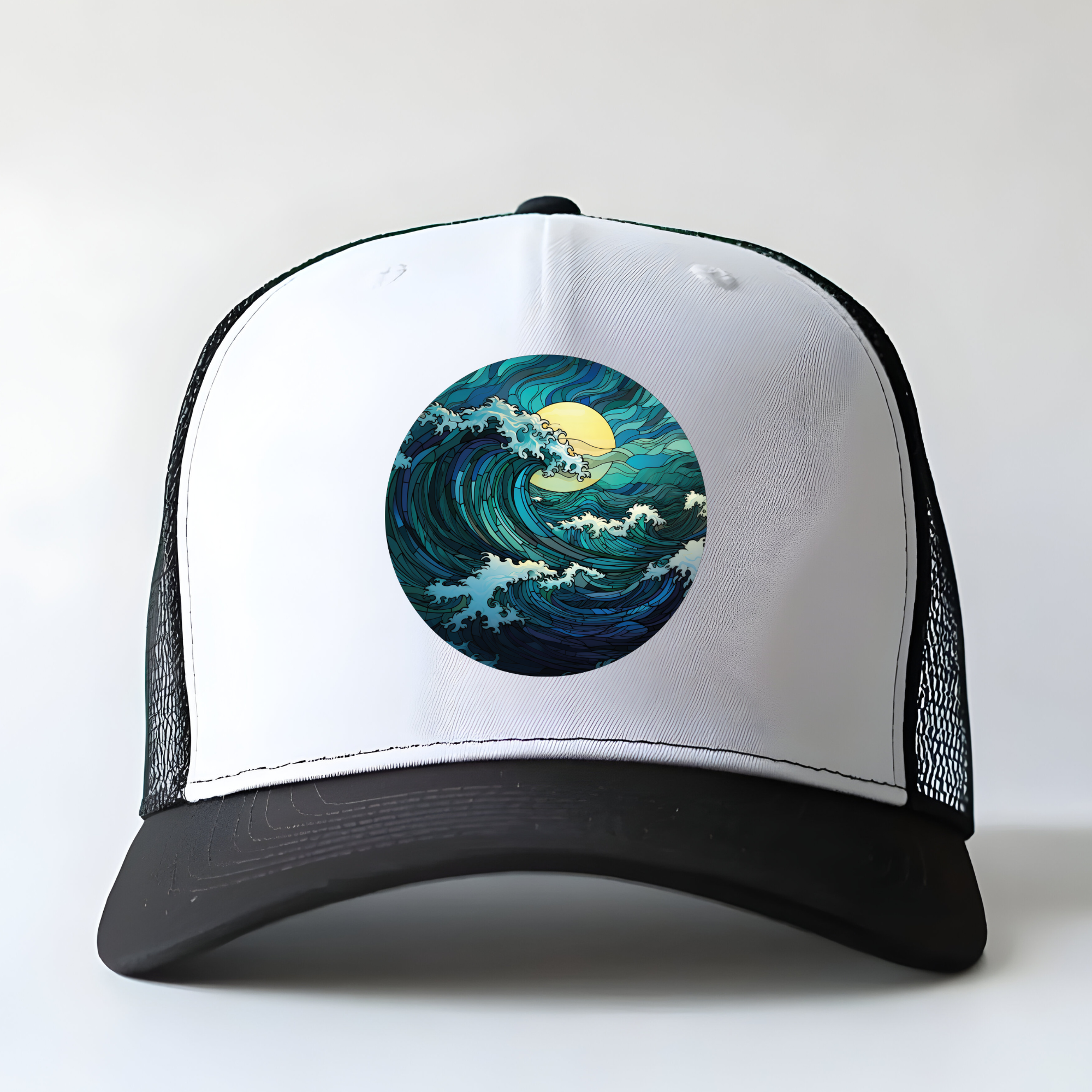 Trucker hat with a wave design on a white background