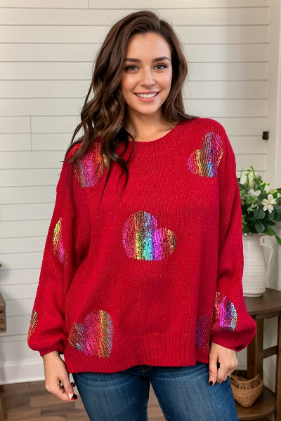 And The Why |Metallic Hearts Sweater | Red | S-3XL