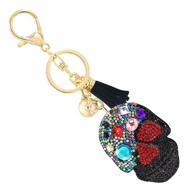 Rhinestone Studded Plush Skull Keychain With Leather Tassel - Cowtown Bling N Things