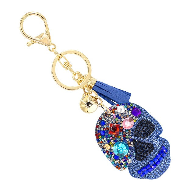 Rhinestone Studded Plush Skull Keychain With Leather Tassel - Cowtown Bling N Things