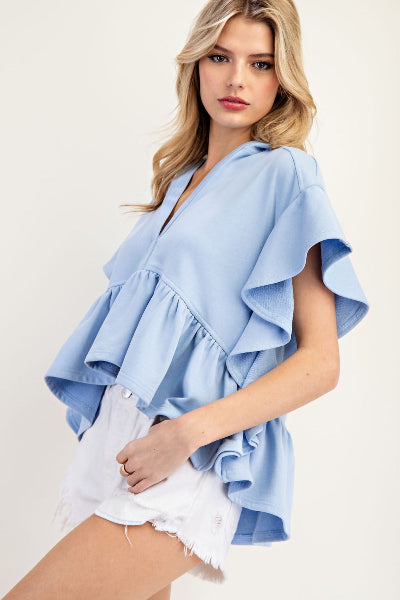 Ee:some |Ruffle Short Sleeve Pullover Top | Denim | S-L