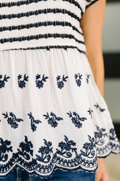 Detail of machine-embroidered accents on poplin contrast of Too Sweet to Share top