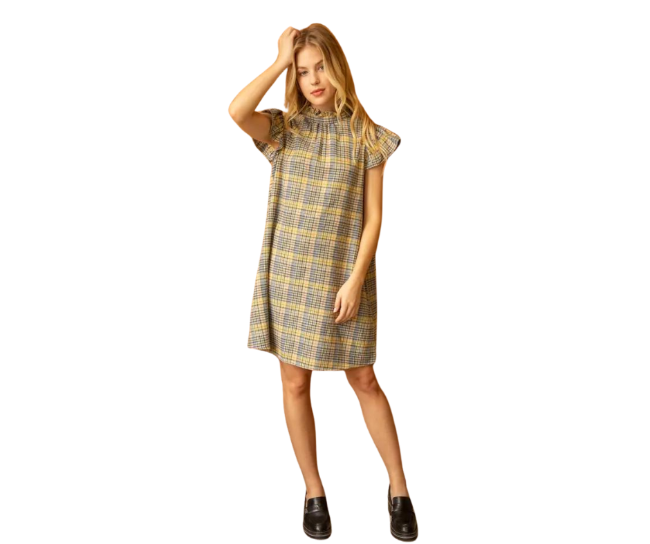 Ruffle Sleeve Tie Back Plaid Dress