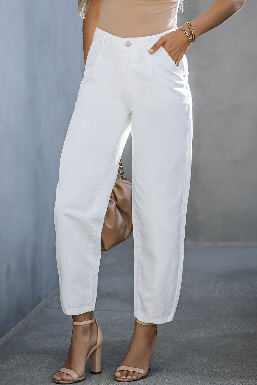 White Solid Casual High Waist Straight Leg Pants - Cowtown Bling N Things