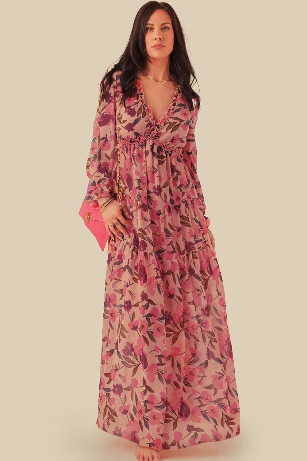 Pastel Red Floral Print Ruffle Trim Plunge Neckline Maxi Dress - Cowtown Bling N Things