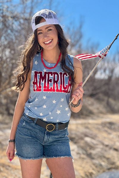 America on Blue Star Sleeveless Top - Cowtown Bling N Things