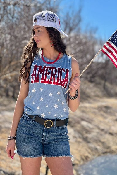America on Blue Star Sleeveless Top - Cowtown Bling N Things
