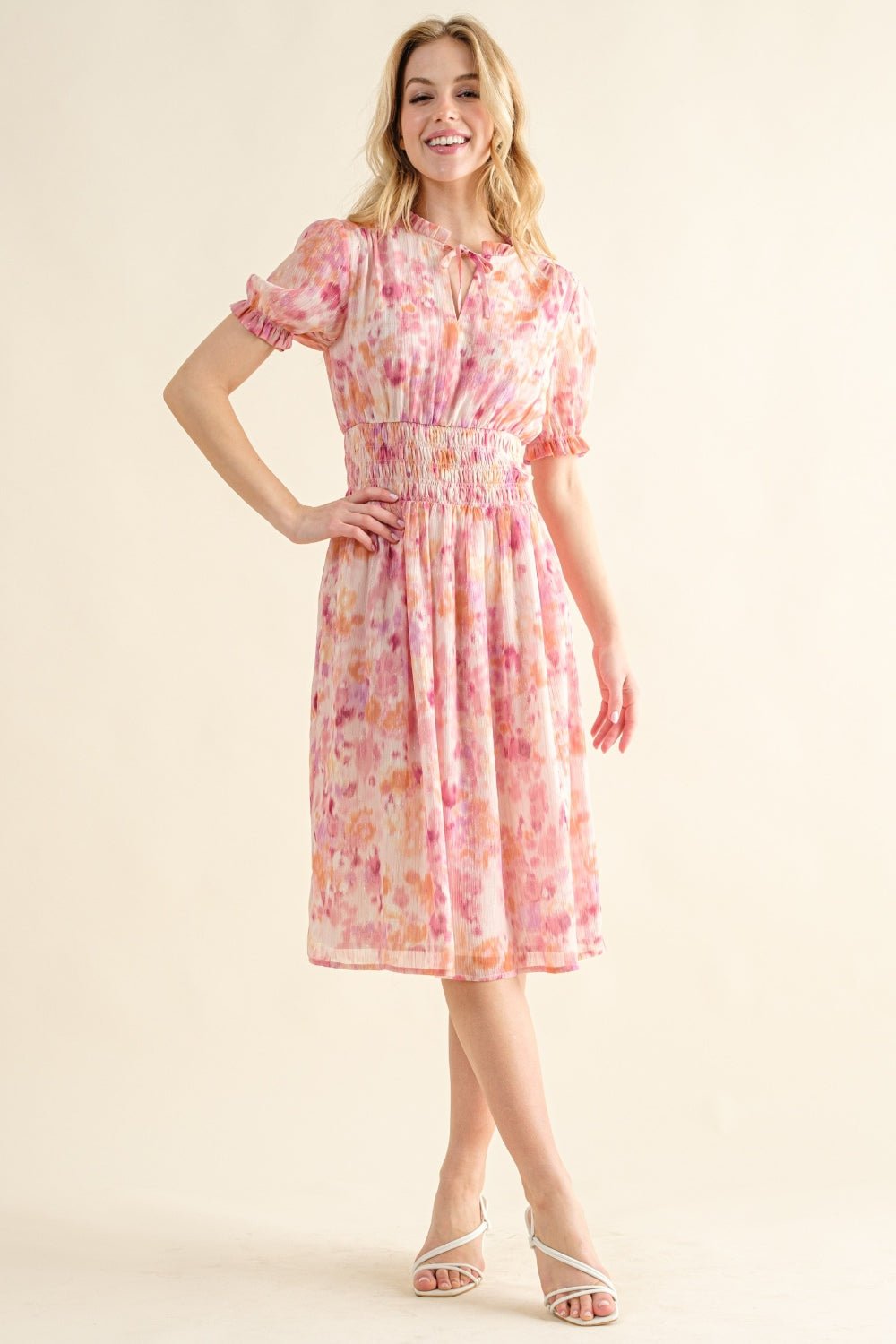 And The Why Full Size Smocked Waist Printed Midi Dress - Cowtown Bling N Things