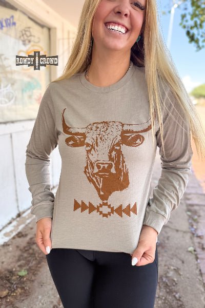Bandero Bull Long Sleeve – Western Graphic Tee with Aztec Detail | Rowdy Crowd Clothing - Cowtown Bling N Things